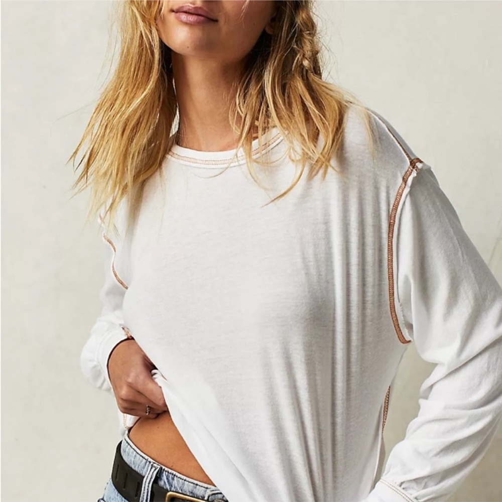 Free People- White Long Sleeve Top with Orange Stitching